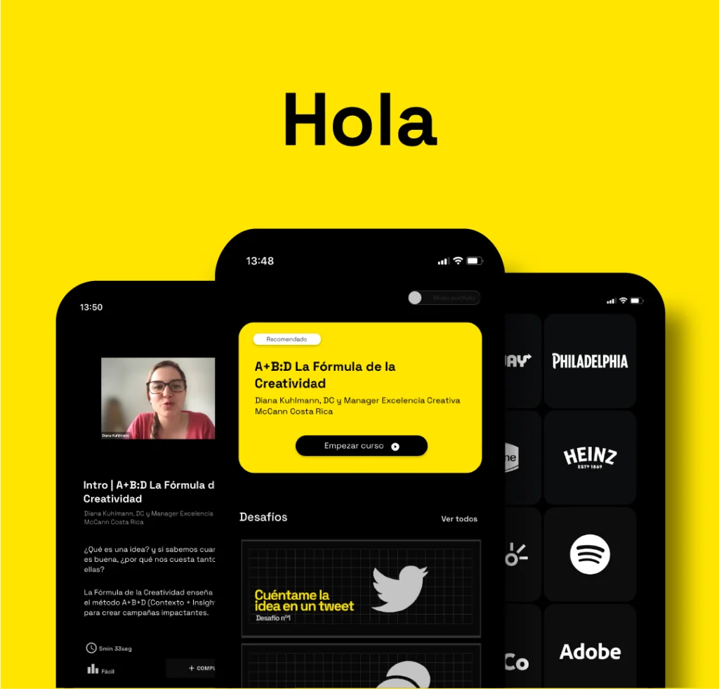 Pantalla de la app Inside! AdSchool con cursos de creatividad y desafíos para jóvenes publicitarios